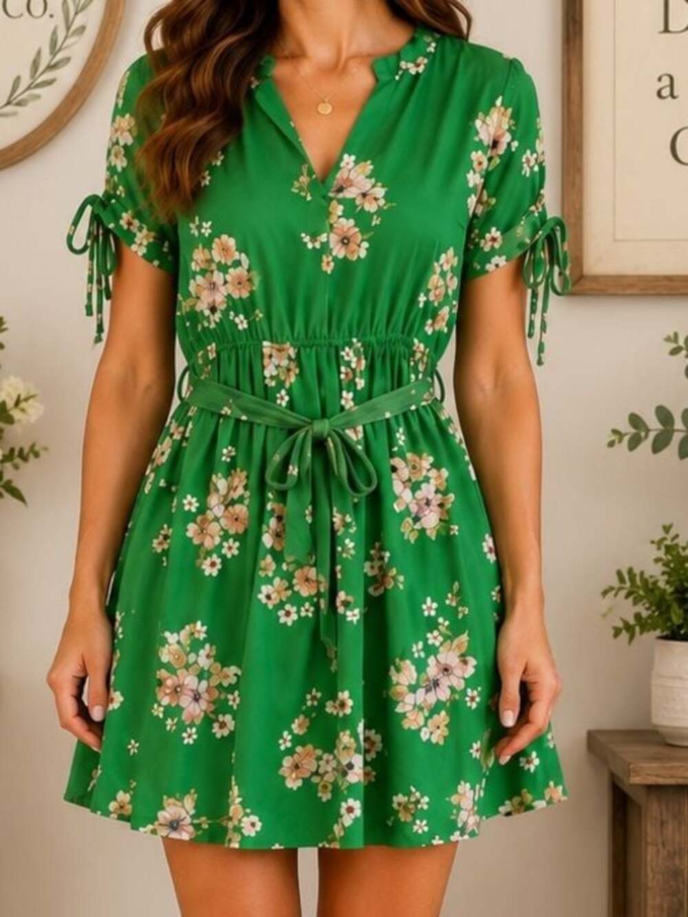 DR2 Green Floral Tie Waist Mini Dress Boho Cottagecore Size M